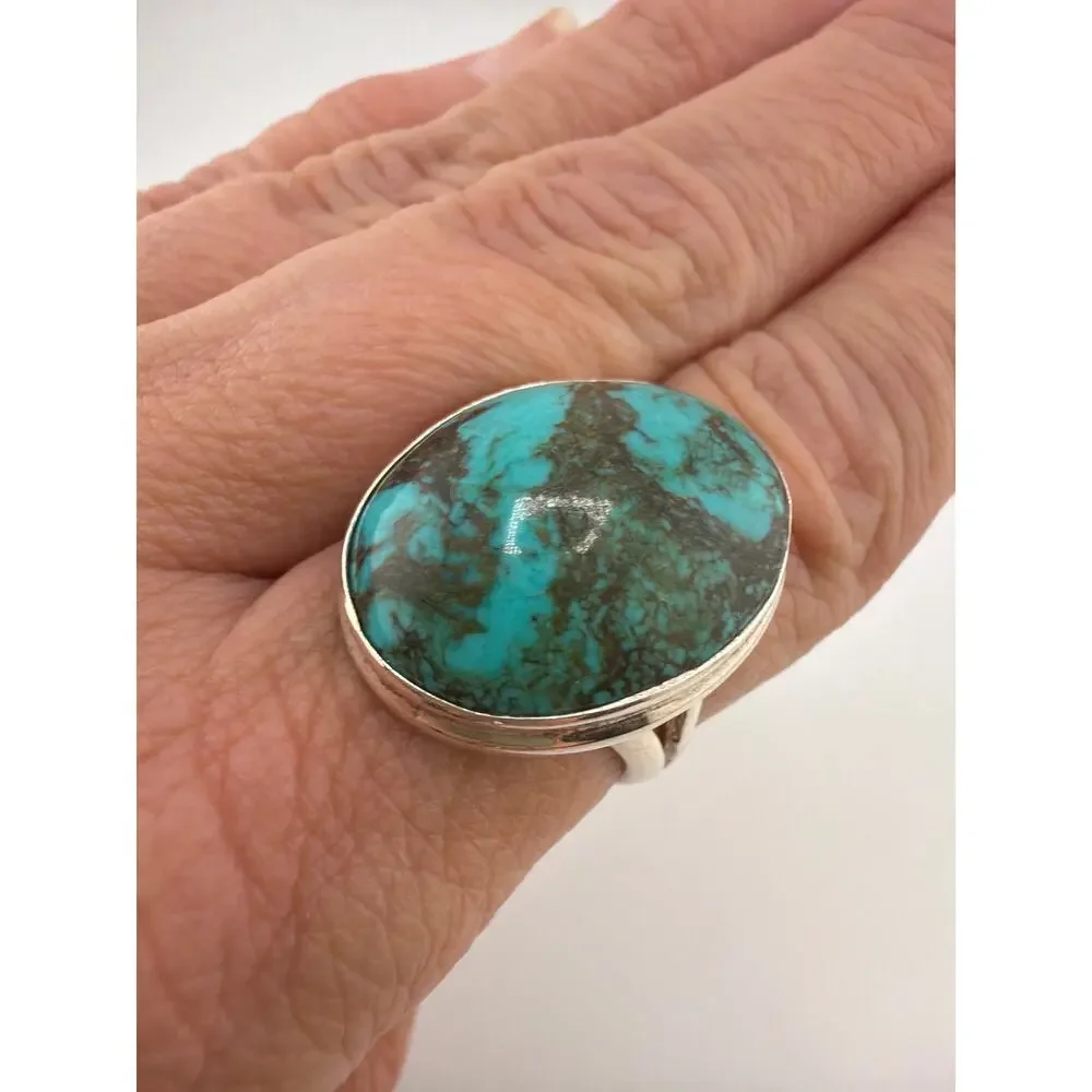 Large Oval Turquoise Matrix 925 Sterling Silver Statement Ring Size 8